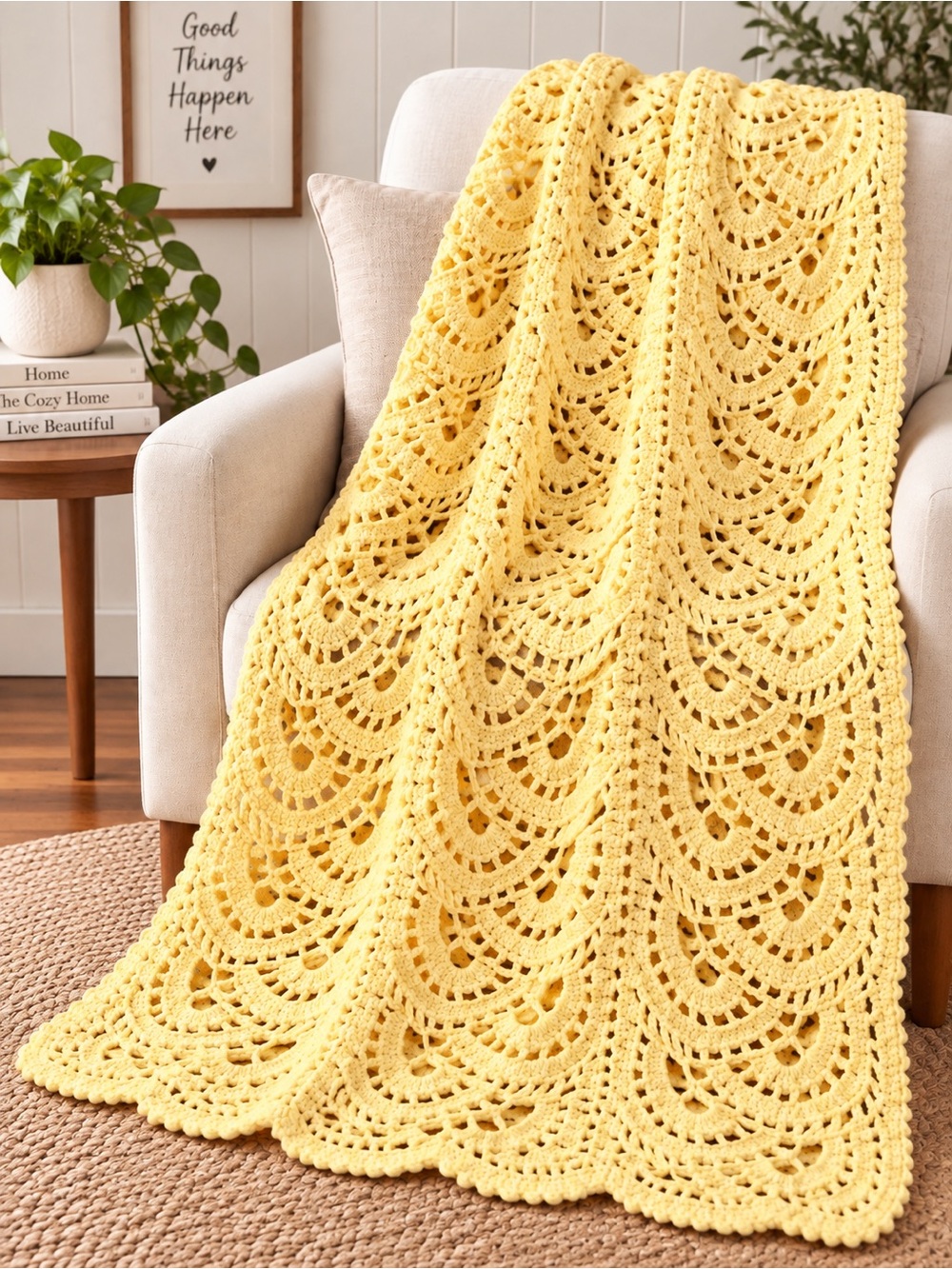 Homemade Swirling Fans Soft Yellow Crochet Throw Blanket - Home Bedding 57x42